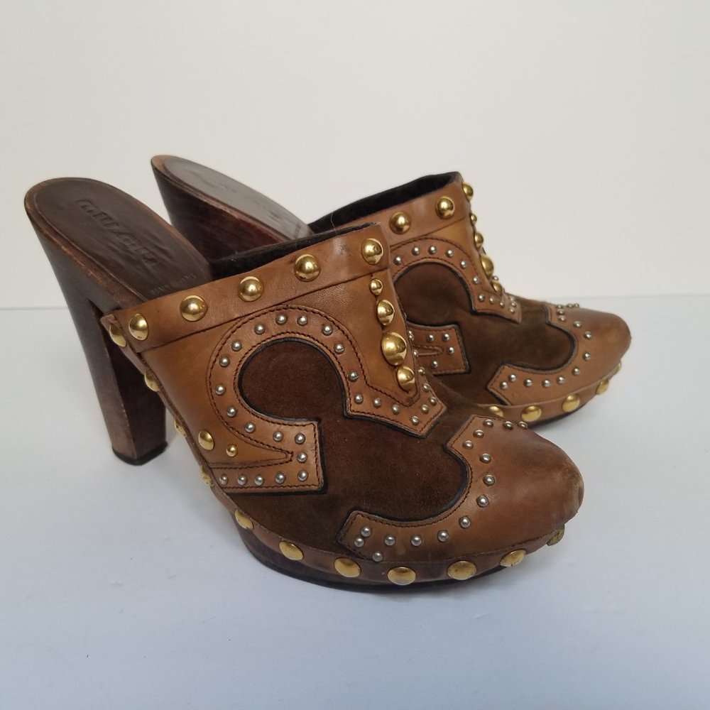 Miu Miu Suede Camel Fur Brown Wooden Sole Shoes Size 36
